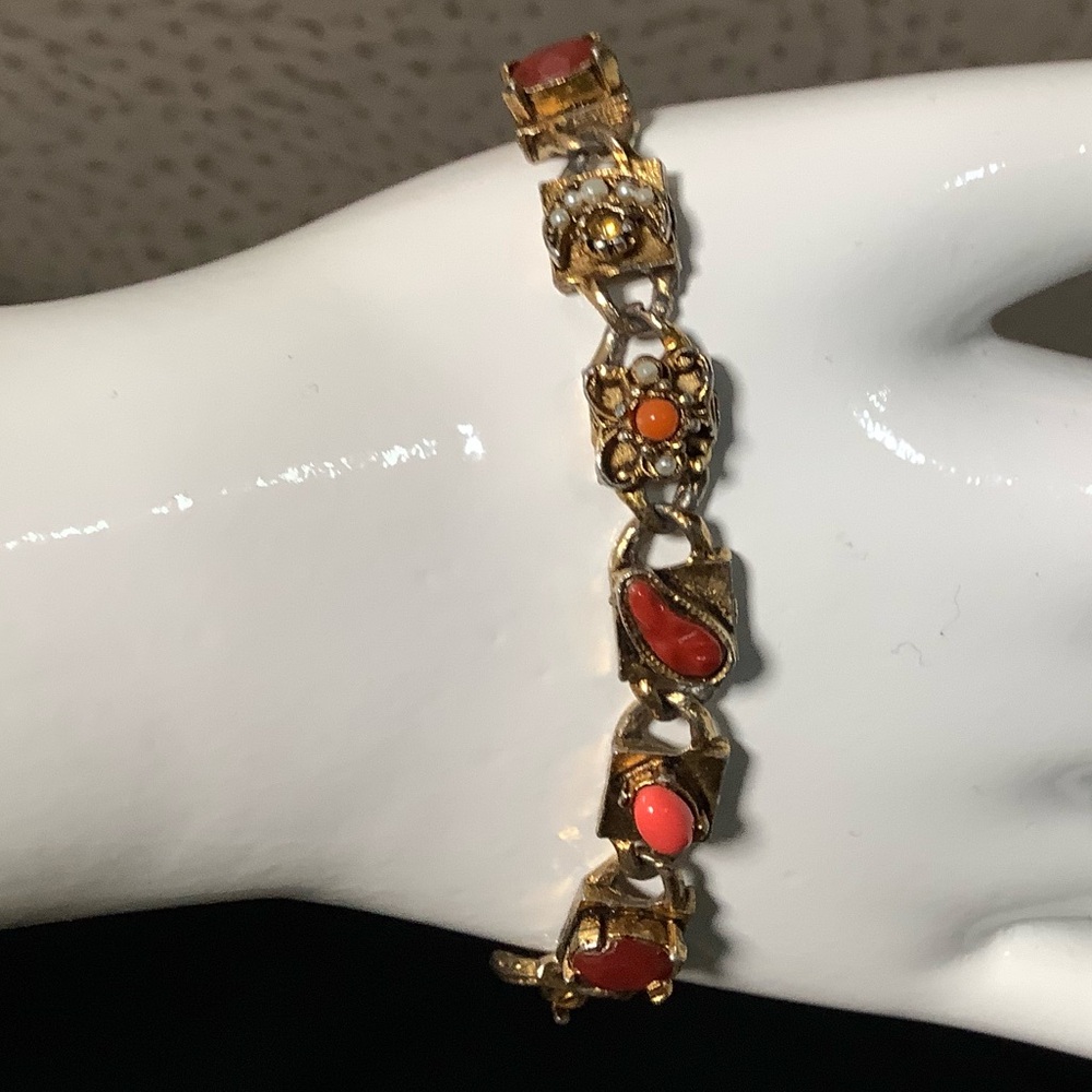 LJM 1950s Elegant Gold rhinestones, faux pearls, red, orange stones Bracelet